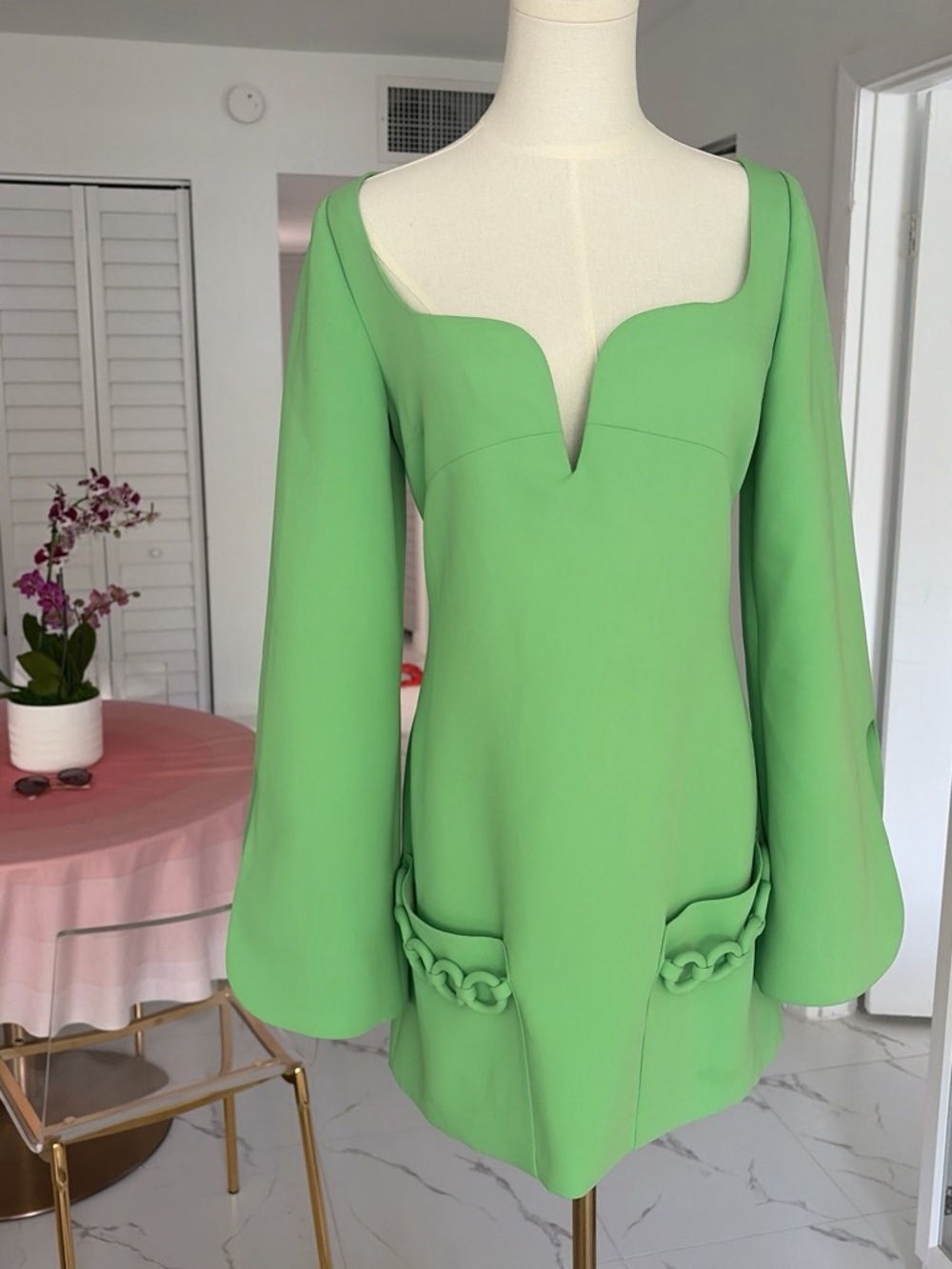 Alexis Bright Green Mini Dress with Chain Pocket Detail